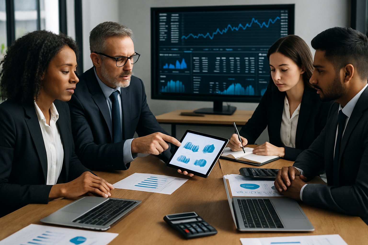 Adjusted EBITDA: Comprehensive Guide to Calculation and Value 2 A group of business professionals in a meeting room reviewing financial data and charts together.