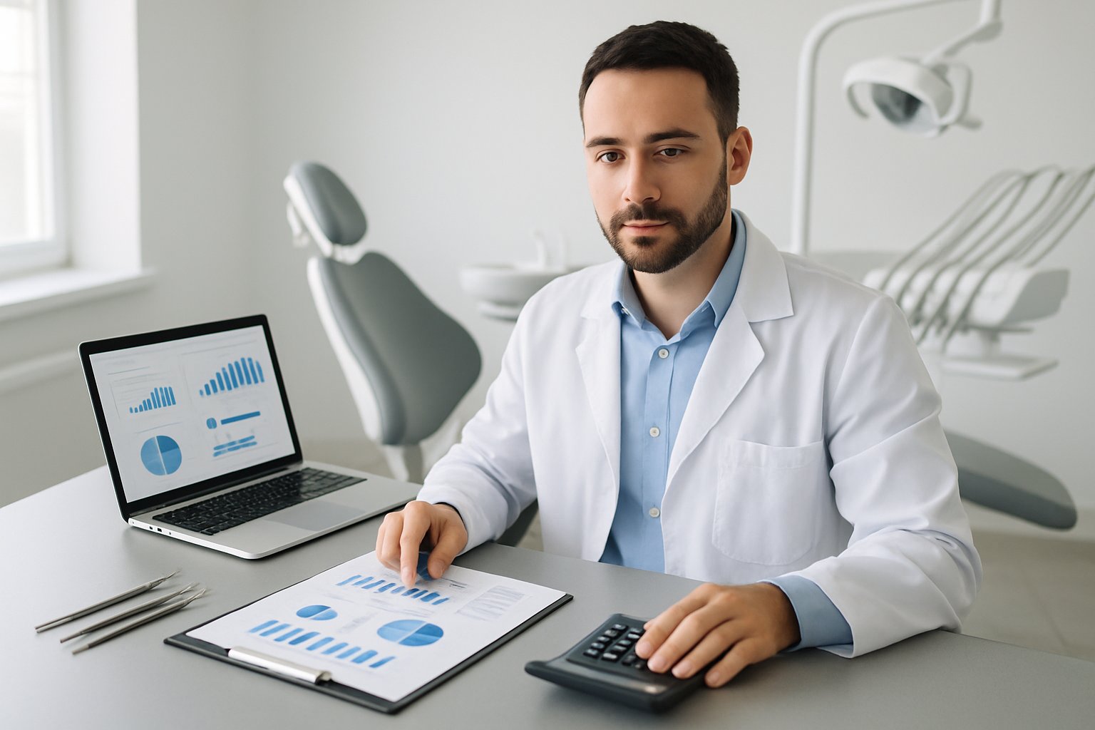 How to Value a Dental Practice: Methods, Formulas & Key Factors 1 A dental professional reviewing financial documents and charts at a desk in a modern dental office with dental equipment visible in the background.
