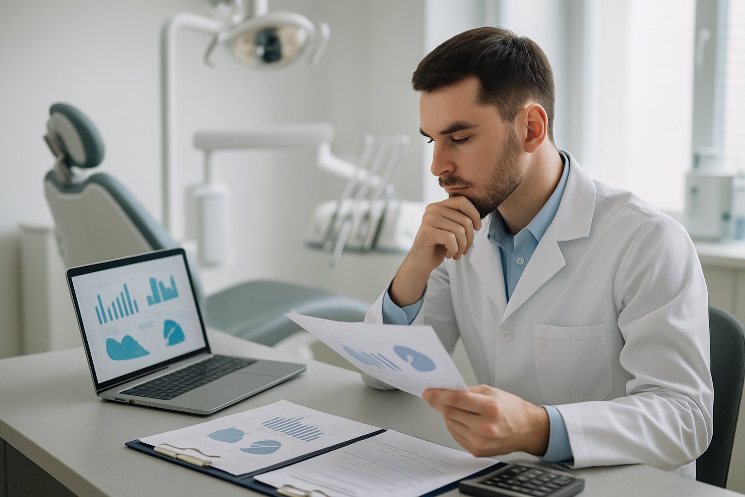 How to Value a Dental Practice: Methods, Formulas & Key Factors 2 A dental professional reviewing financial documents at a desk in a modern dental office with dental equipment in the background.