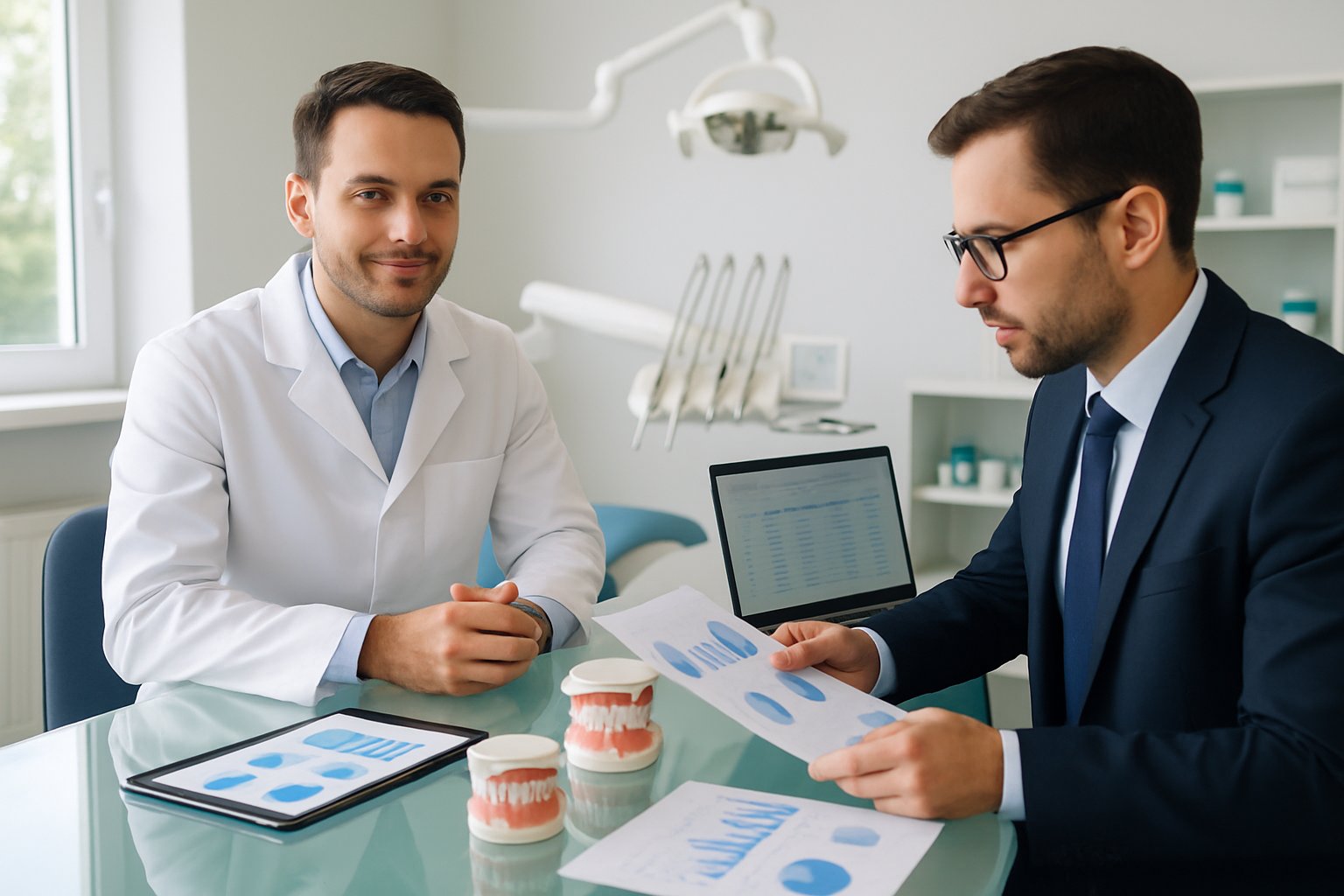 How to Value a Dental Practice: Methods, Formulas & Key Factors 3 A dentist and a business professional reviewing documents and dental models in a modern dental office.