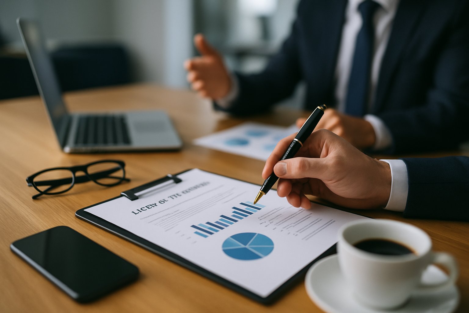 Letter of Intent to Purchase Business: Complete Guide & Key Steps 3 Two businesspeople in a meeting reviewing a document on a conference table with office items around.