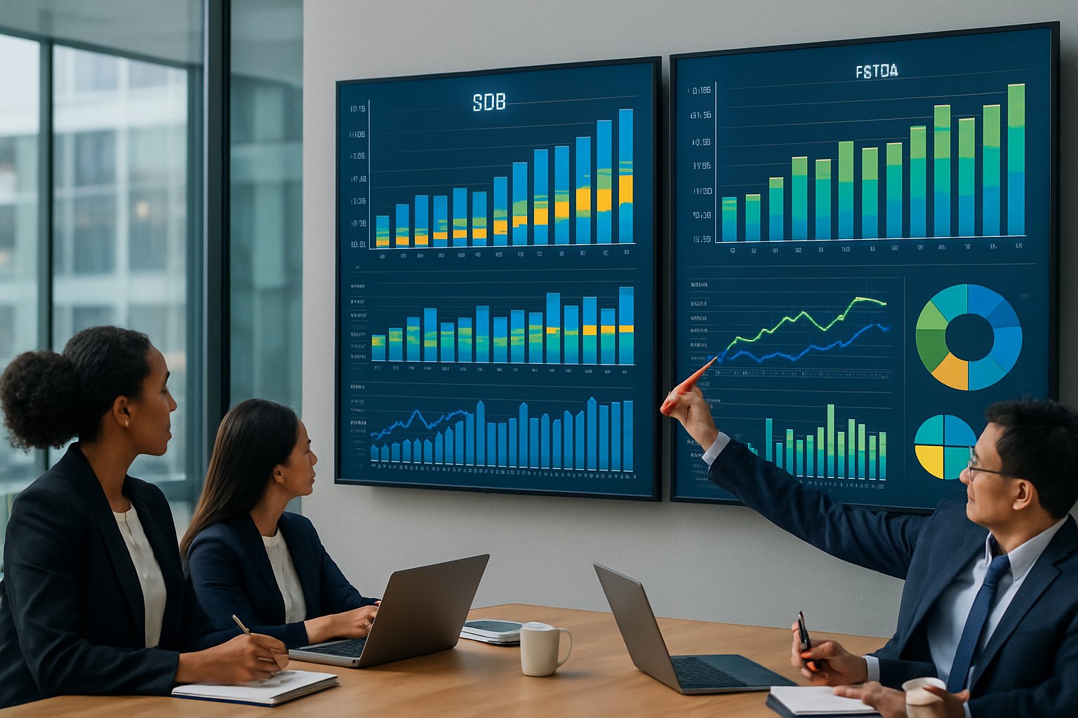 A business professional presenting financial charts to colleagues in a modern conference room.