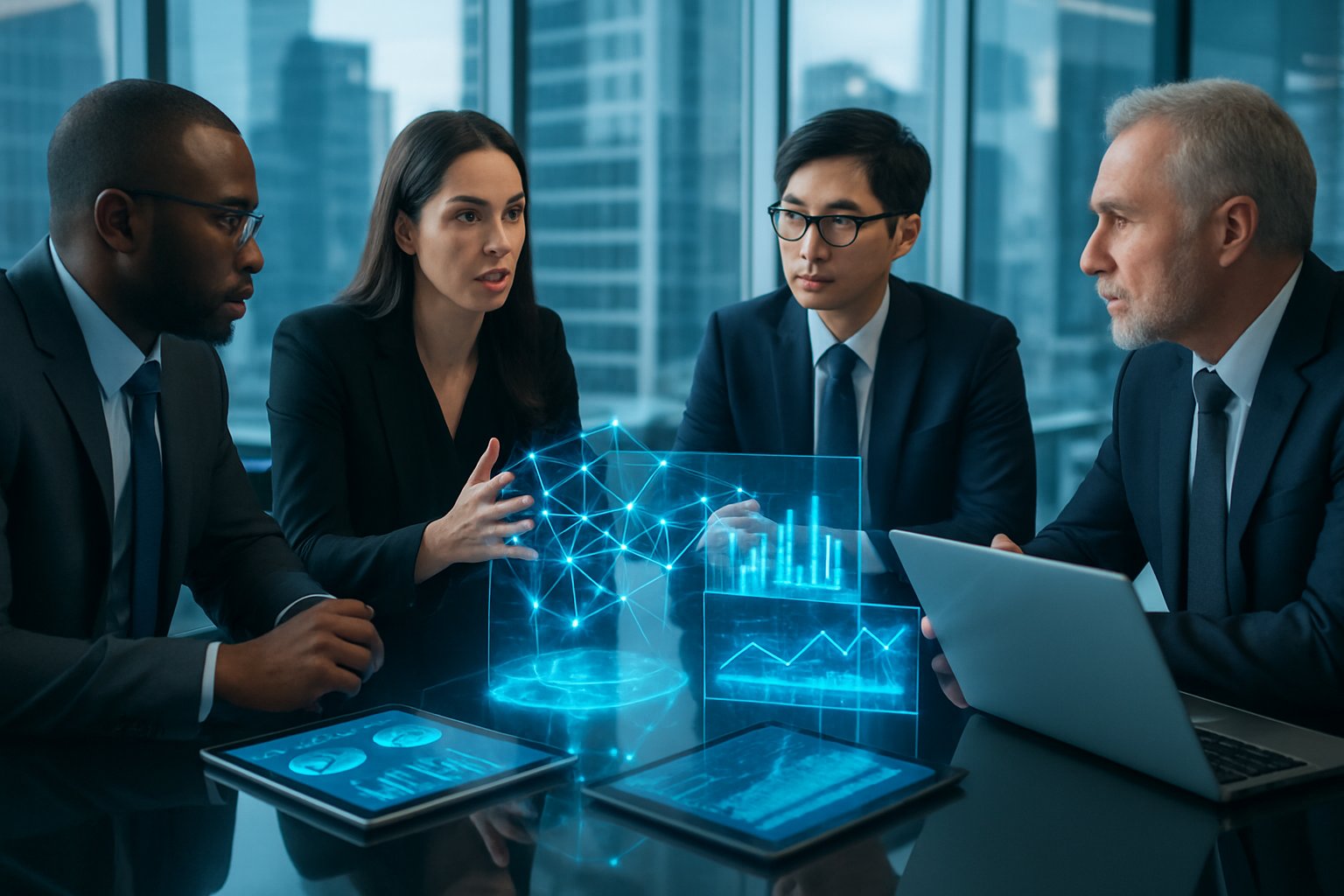 High Tech M&A Synergy Capture: Strategies for Maximized Value 2 Business professionals collaborating around a table with digital devices and holographic data displays in a modern office overlooking a city skyline.