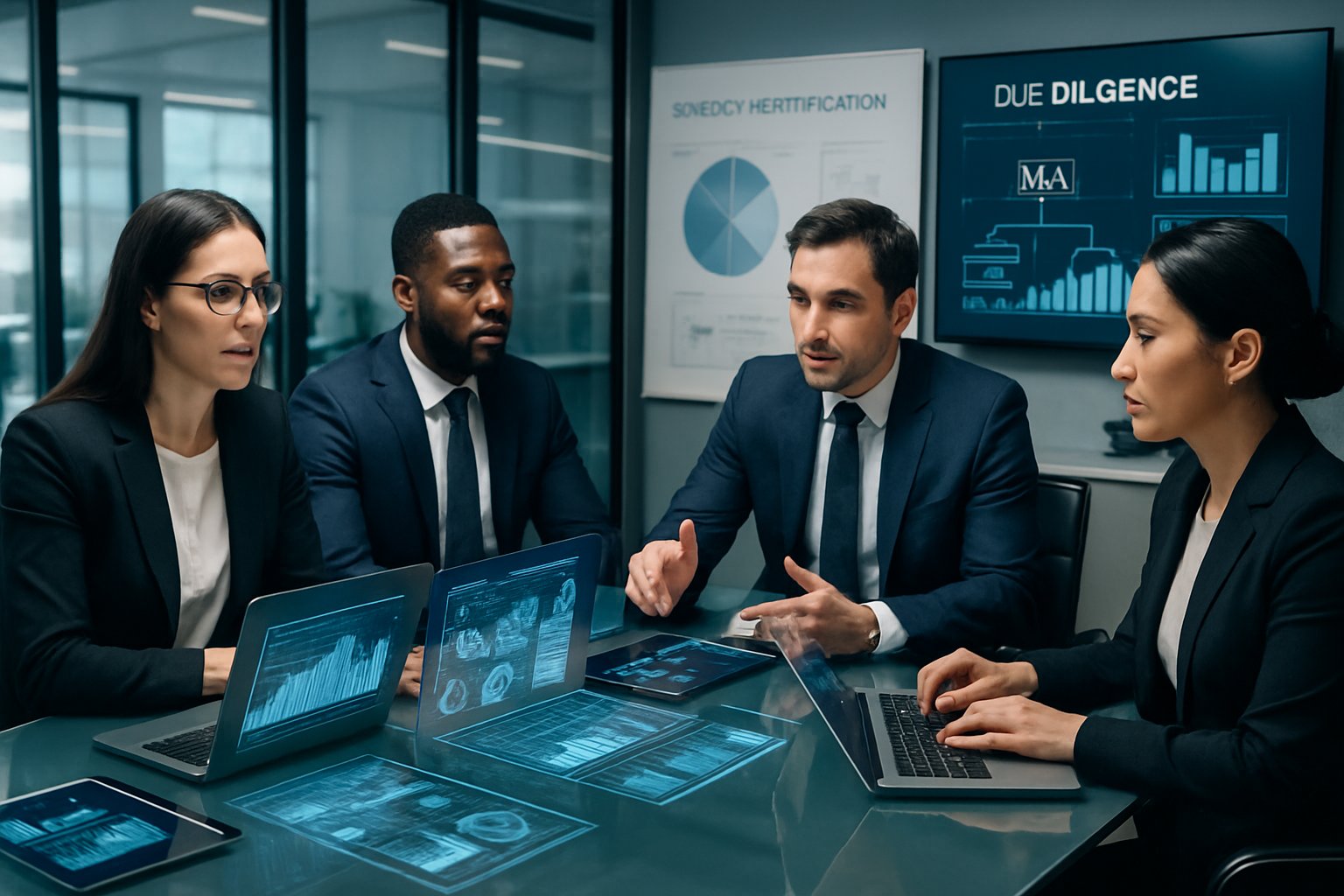 High Tech M&A Synergy Capture: Strategies for Maximized Value 3 A group of business professionals collaborating around a table with digital devices and data displays in a modern office setting.