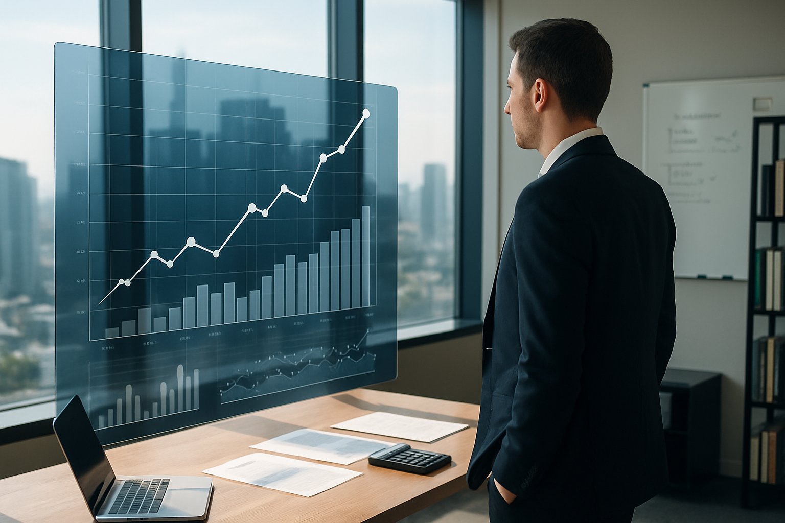 Business Exit Multiple: Valuation Methods & Key Factors Explained 1 A businessperson in a modern office analyzing financial charts on a digital screen with city buildings visible through large windows.