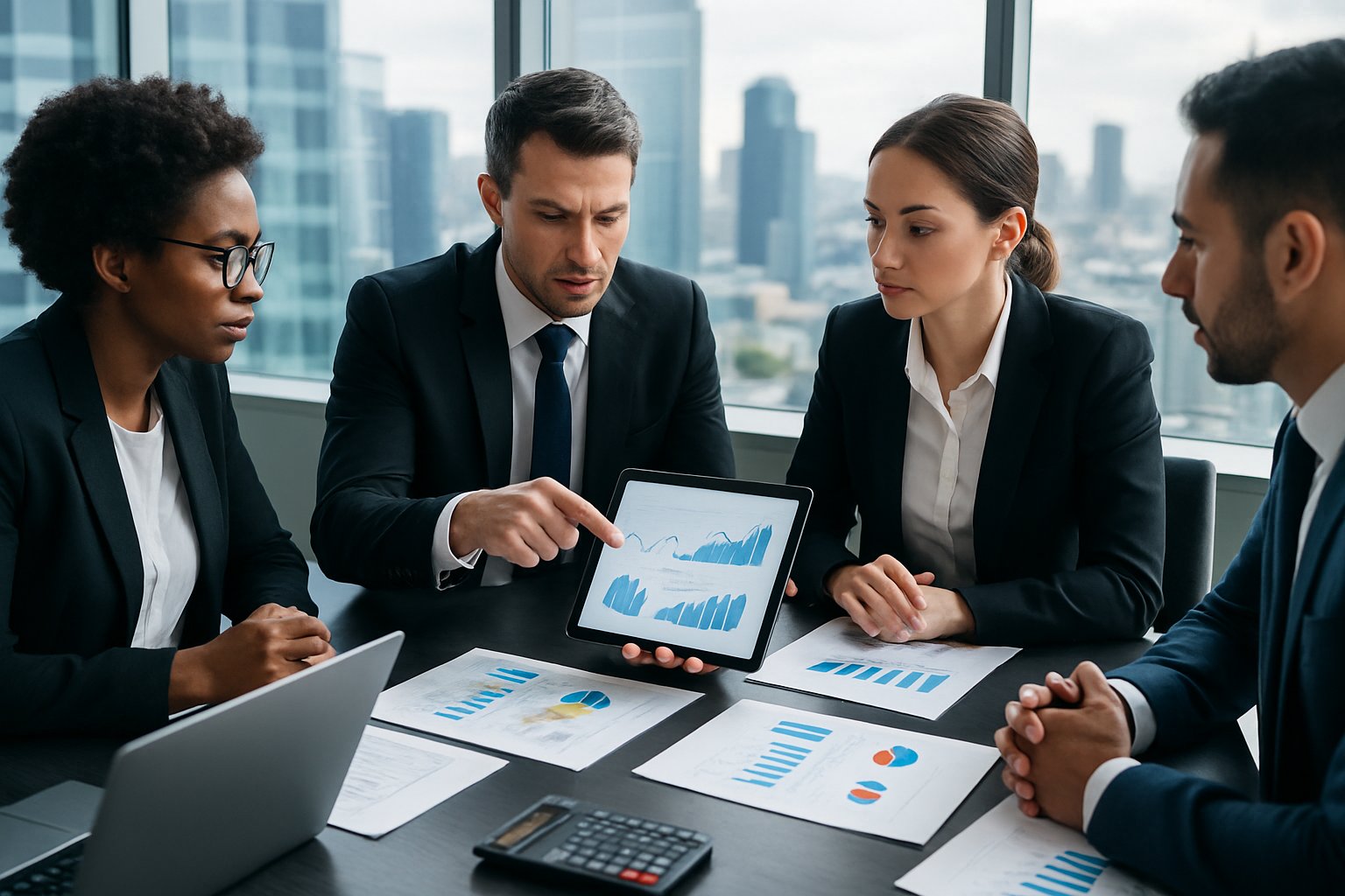 Business Exit Multiple: Valuation Methods & Key Factors Explained 2 A group of business professionals in an office discussing financial data around a table with laptops and charts.