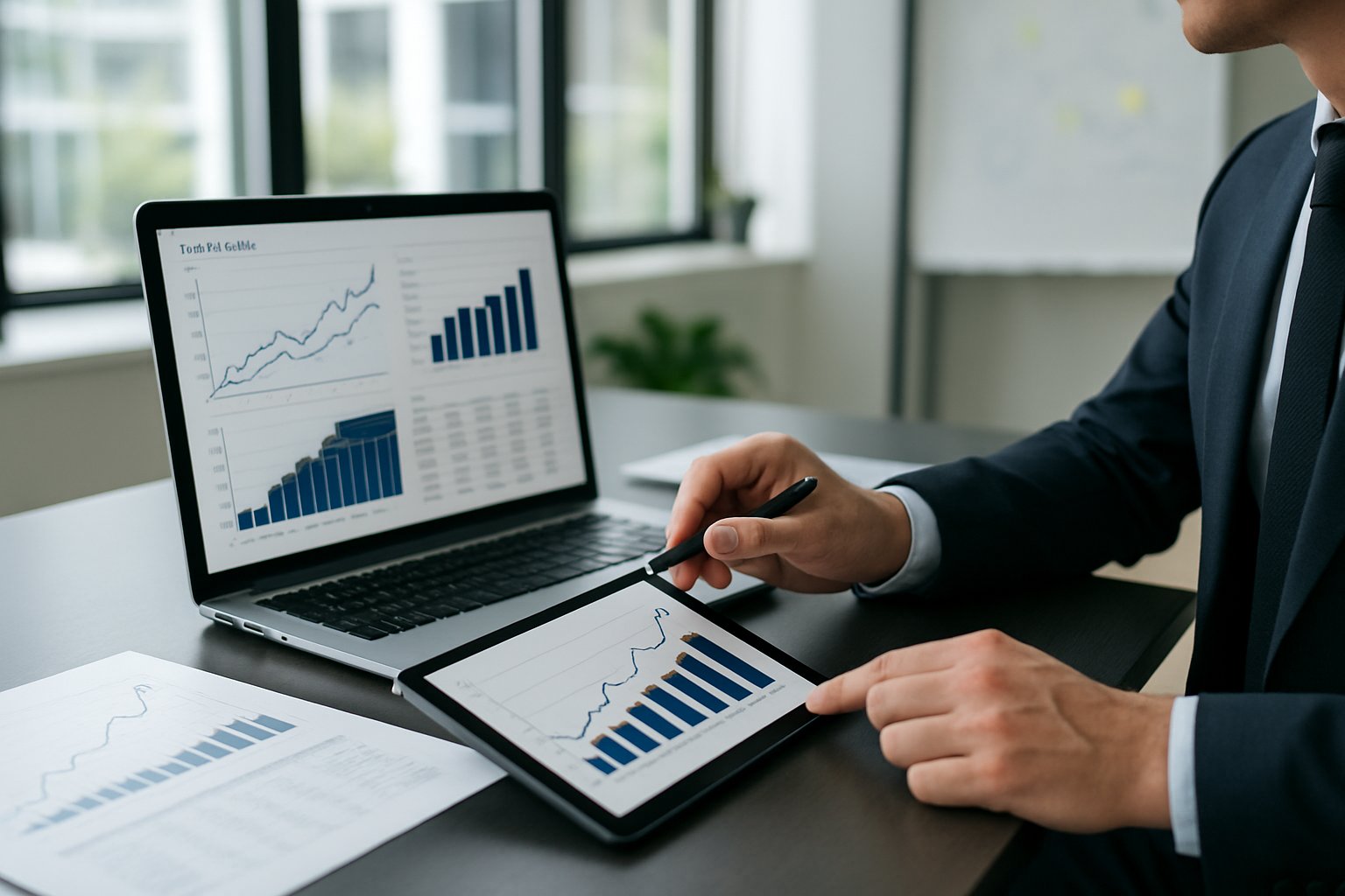 Business Exit Multiple: Valuation Methods & Key Factors Explained 3 A business professional analyzing financial charts and graphs on a laptop and tablet in a modern office.