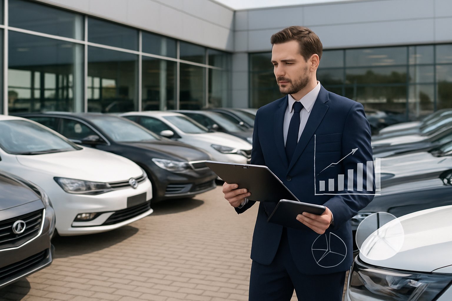 How Much Is a Car Dealership Worth? Factors & Valuation Methods 2 A businessperson reviewing documents and inspecting cars at a modern car dealership lot with rows of vehicles and a showroom building in the background.