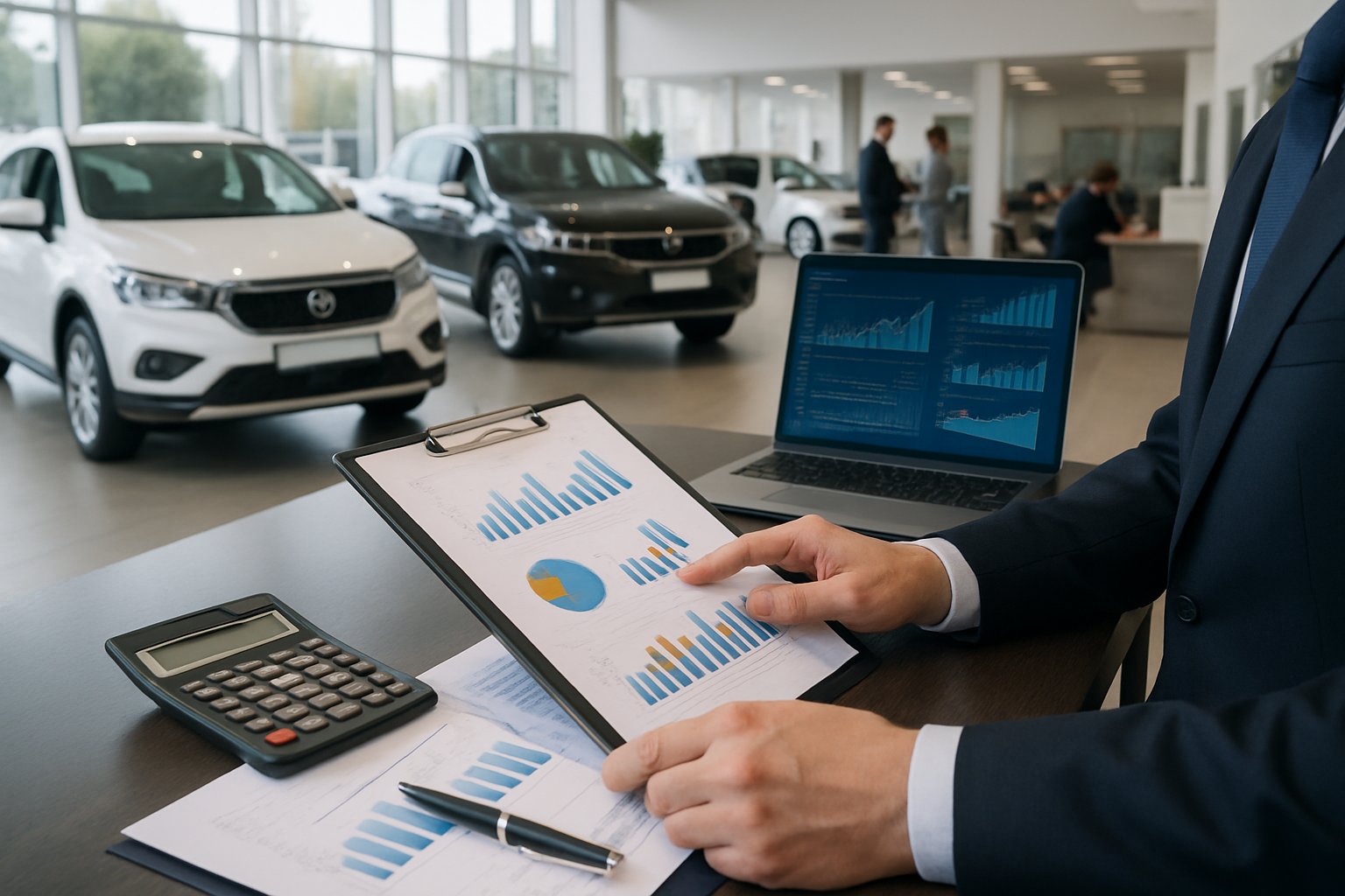 How Much Is a Car Dealership Worth? Factors & Valuation Methods 3 A business professional reviewing financial documents and charts in a car dealership showroom with cars displayed and a laptop and calculator on the desk.