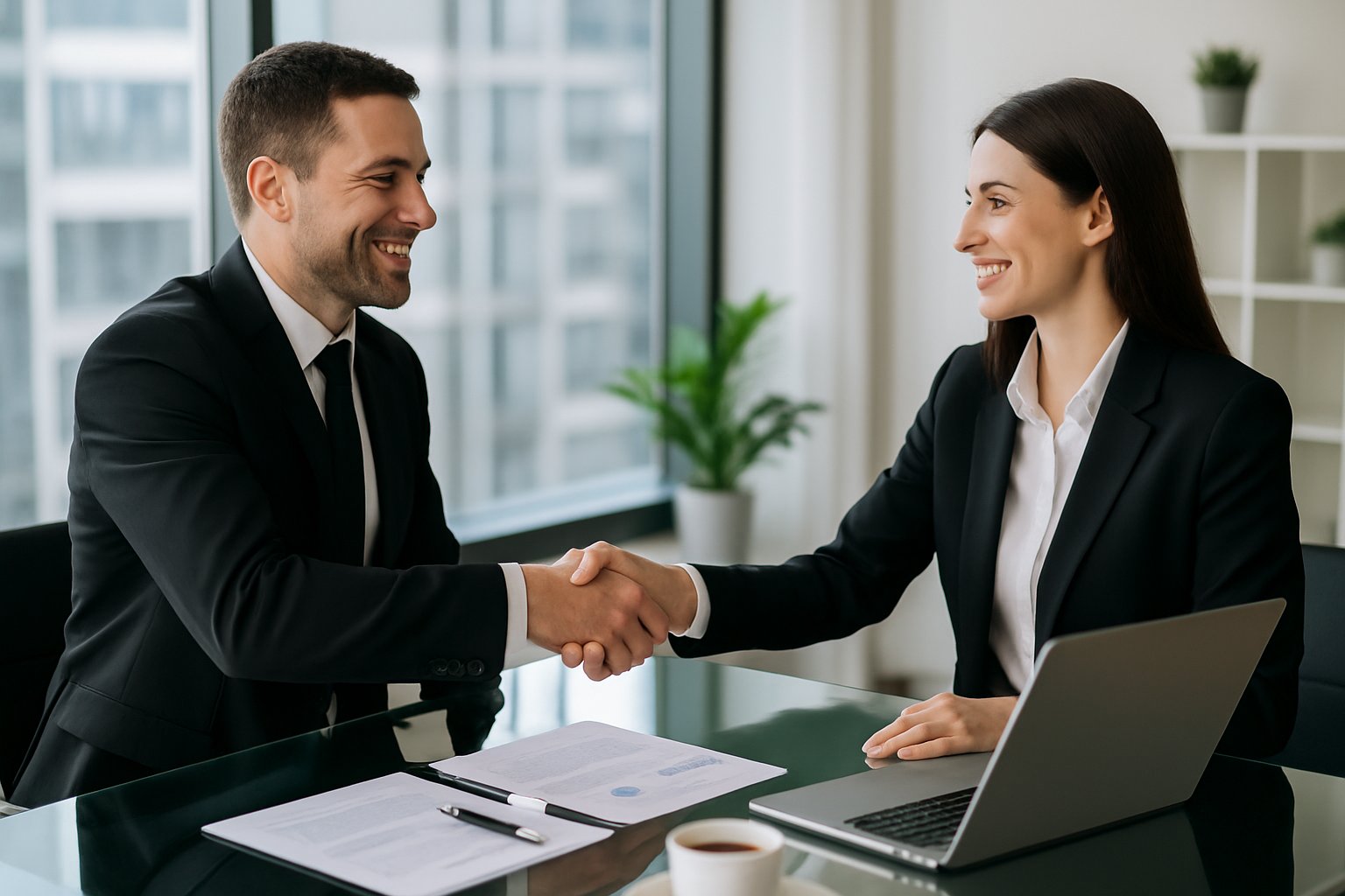 How to Sell Your Business to a Competitor: Complete Guide 1 Two businesspeople shaking hands across a conference table in a modern office during a business meeting.