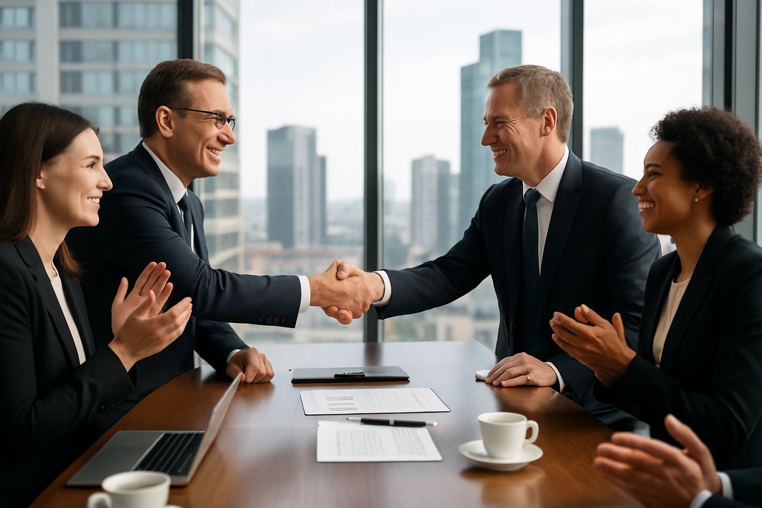 How to Sell Your Business to a Competitor: Complete Guide 2 Two groups of businesspeople shaking hands across a conference table in a modern office during a meeting.