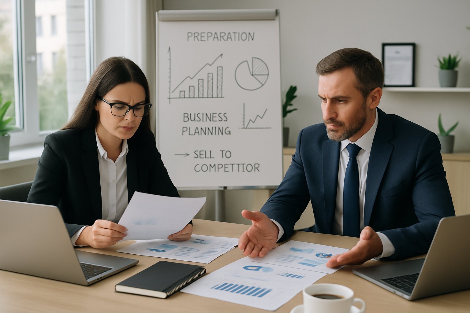 How to Sell Your Business to a Competitor: Complete Guide 3 Two businesspeople in formal attire discussing documents at a conference table in a bright office.