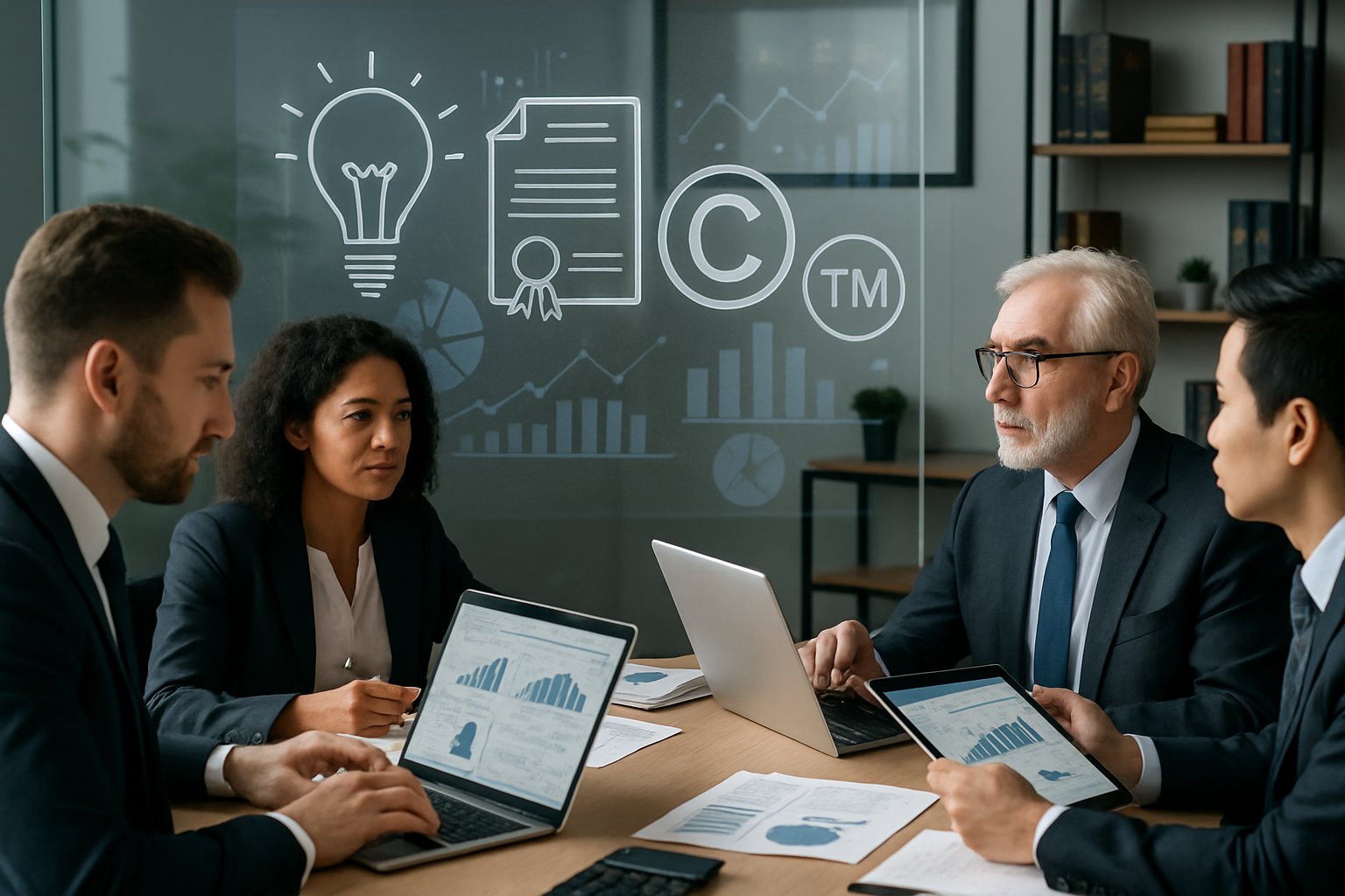 Intellectual Property Valuation: Methods, Use Cases & Best Practices 2 A group of business professionals in an office analyzing charts and data related to intellectual property valuation.