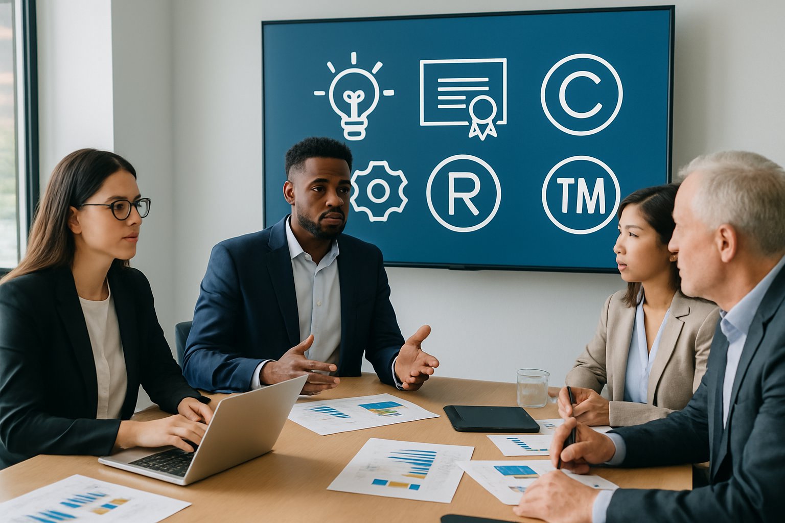 Intellectual Property Valuation: Methods, Use Cases & Best Practices 3 A group of business professionals discussing financial data and charts about intellectual property valuation around a conference table in a bright office.