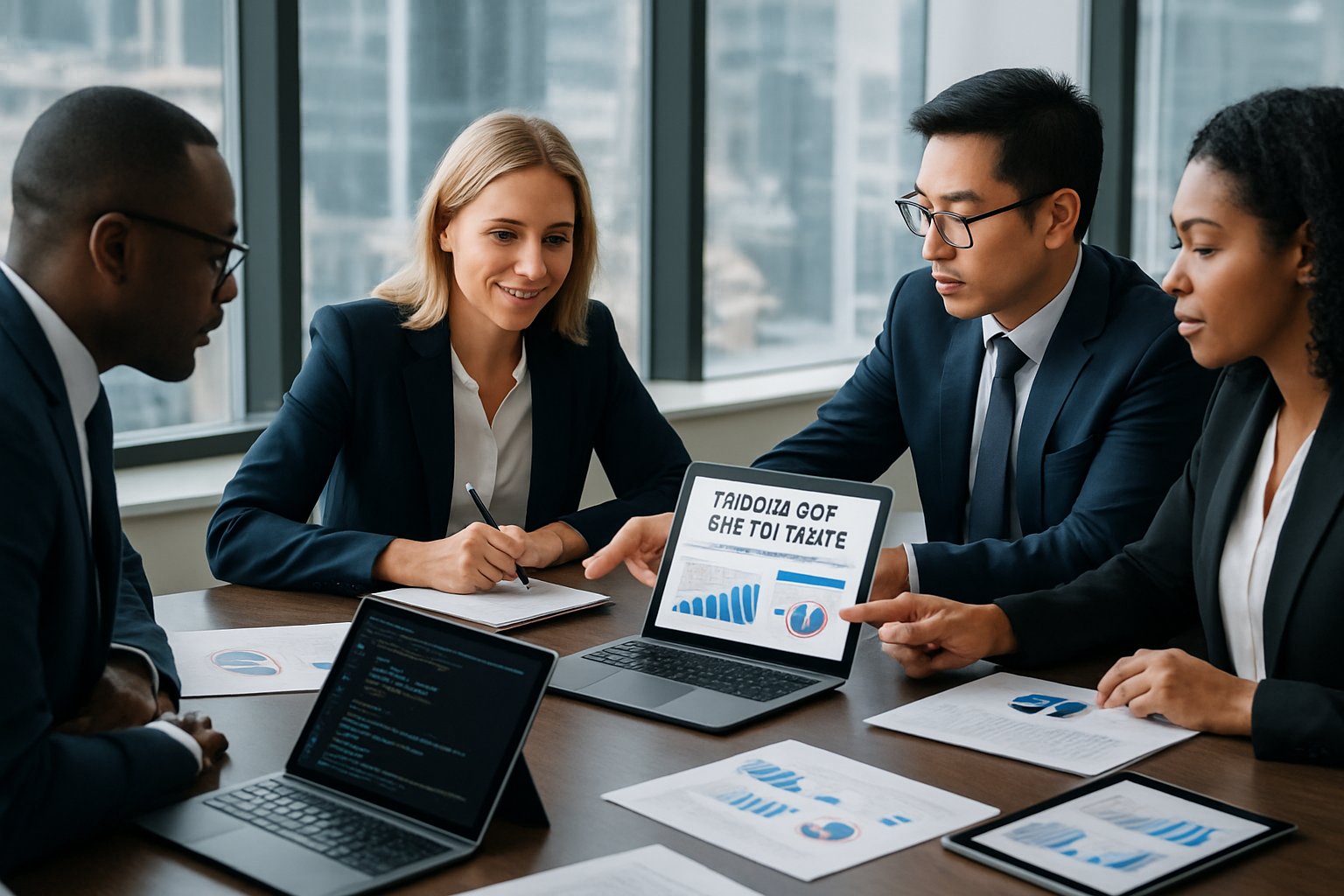 Technology Due Diligence in Mergers and Acquisitions: Comprehensive M&A Guide 2 A group of business professionals in a conference room reviewing data on laptops and documents during a technology evaluation meeting.