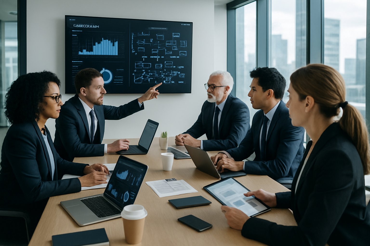 Technology Due Diligence in Mergers and Acquisitions: Comprehensive M&A Guide 3 A group of business professionals having a meeting around a conference table, reviewing data and technology documents on laptops and a large screen in a modern office.