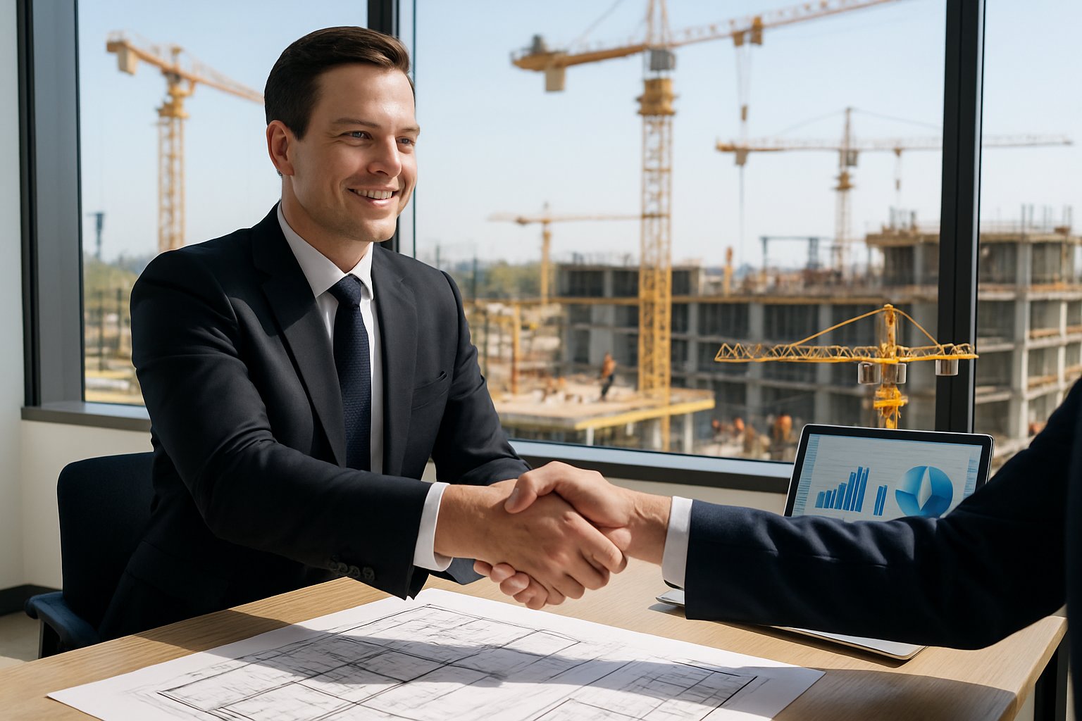 How to Sell a Construction Company: The Complete Seller’s Guide 2 Two businesspeople shaking hands across a desk with construction plans and a miniature crane model, with a construction site visible through large windows in the background.