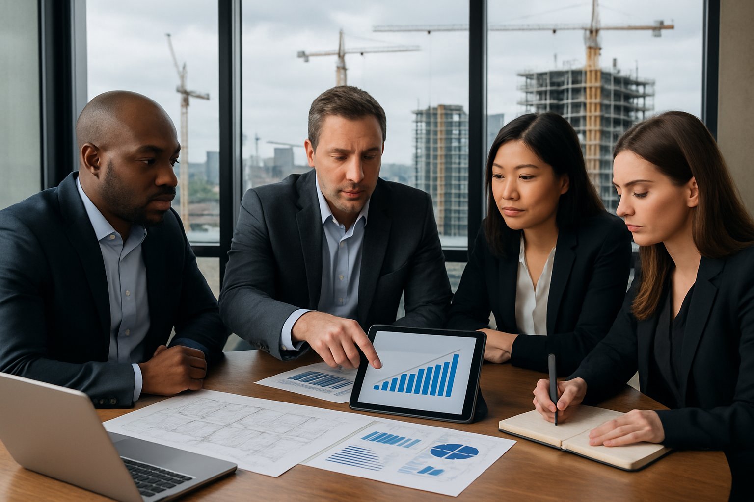 How to Sell a Construction Company: The Complete Seller’s Guide 3 Four business professionals in a conference room discussing construction plans with blueprints and laptops, with a city skyline and construction cranes visible through the window.