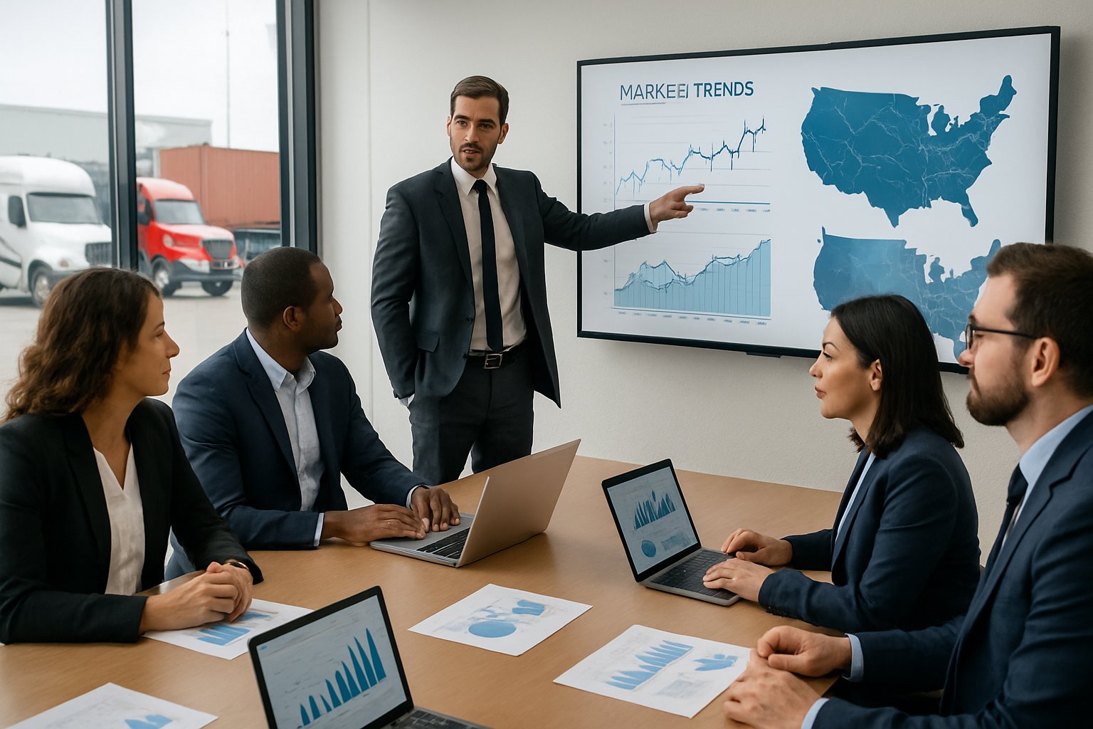 How to Sell a Trucking Company: Complete Guide to Maximizing Value 2 Business professionals in a meeting room discussing trucking industry charts with trucks visible outside large windows.