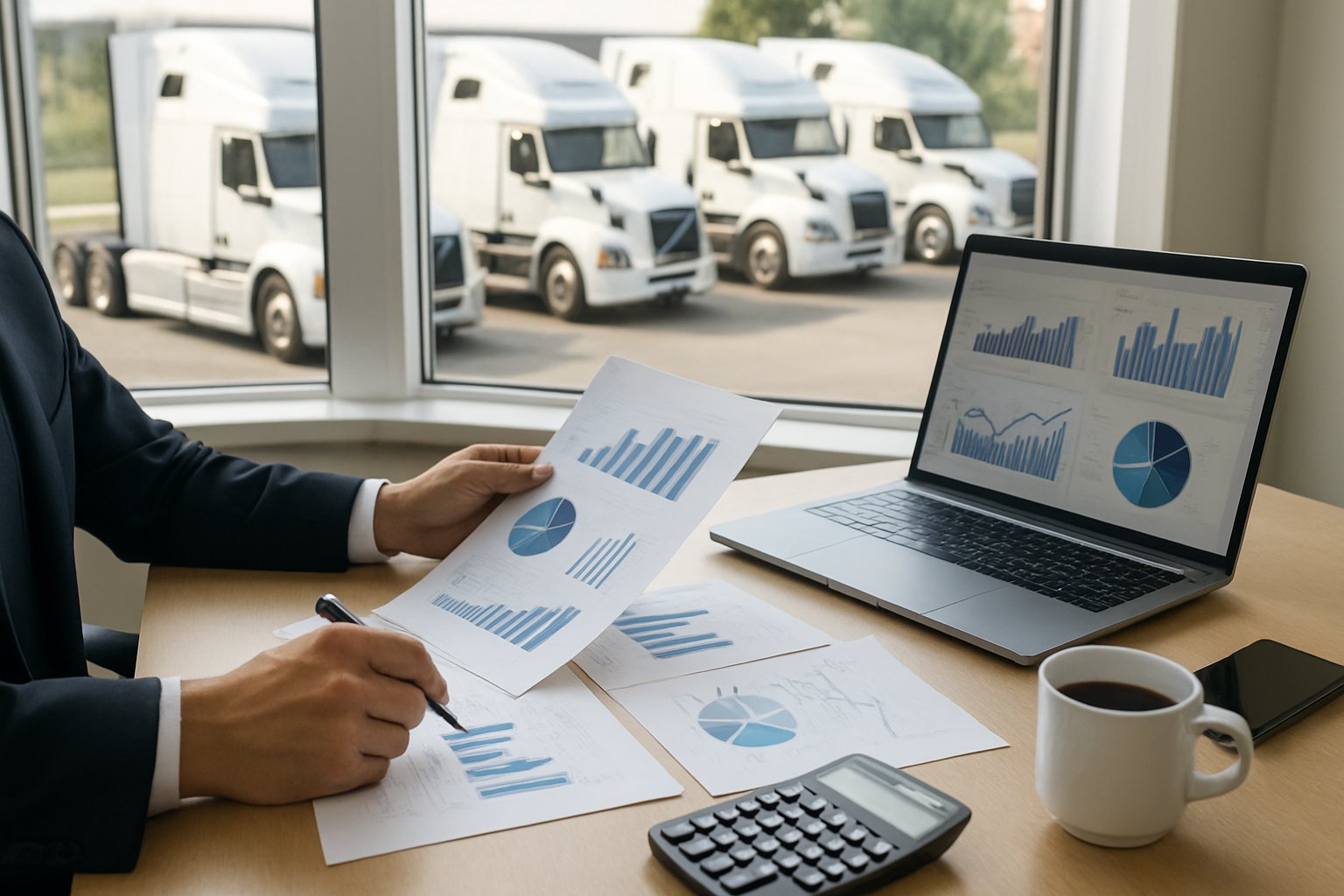 How to Sell a Trucking Company: Complete Guide to Maximizing Value 3 A businessperson reviewing documents and charts in an office with semi-trucks visible outside the window.