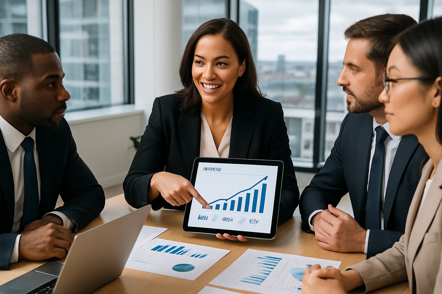 Business professionals discussing financial reports around a conference table in a modern office.