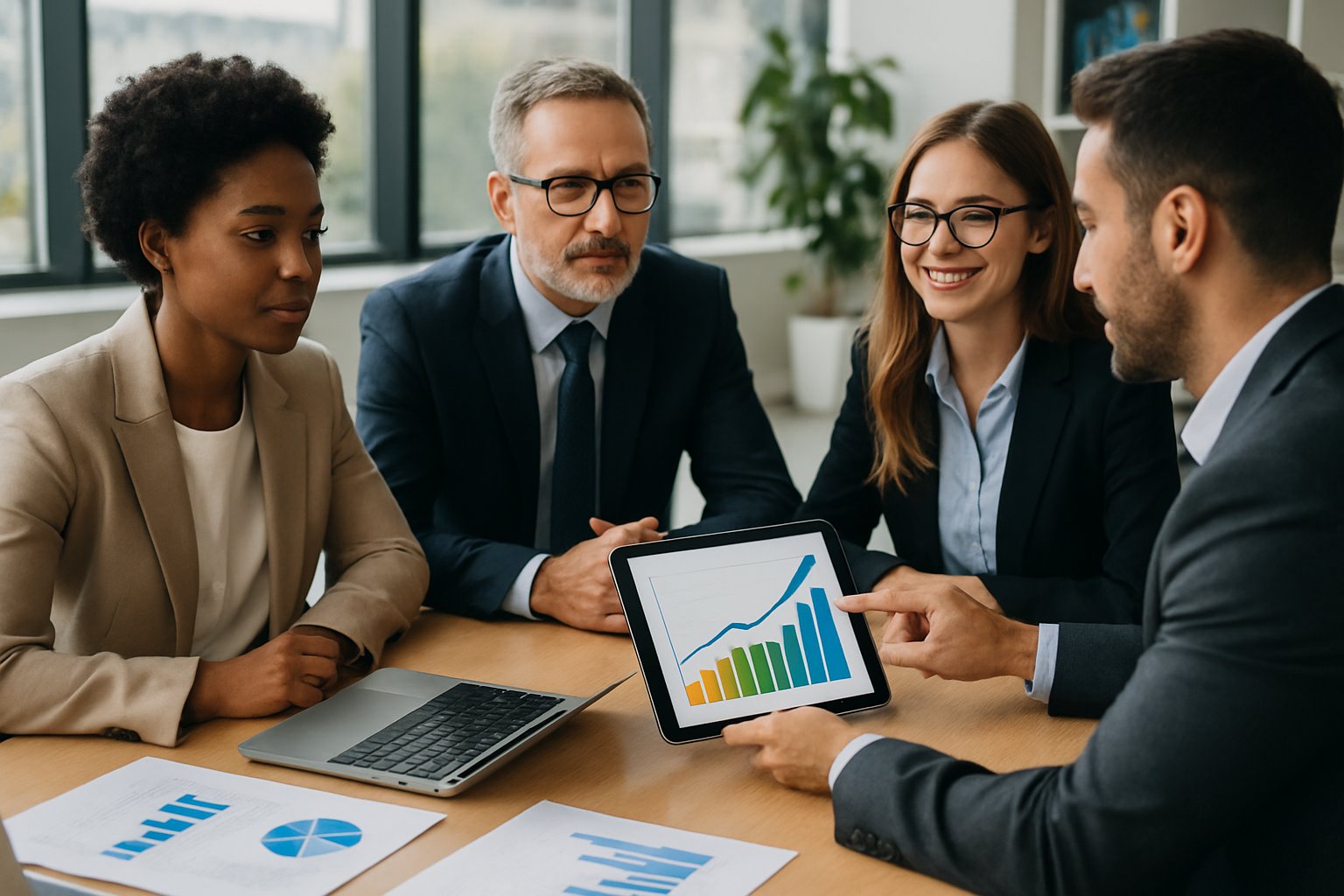 How Much EBITDA Is Good? Key Metrics, Benchmarks & Insights 3 A group of business professionals discussing financial charts and reports around a conference table in a bright office.
