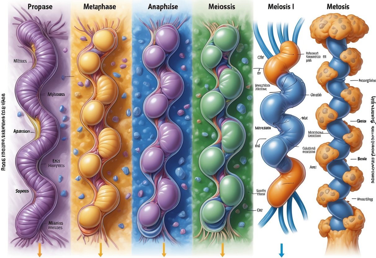 Ilustracija koja prikazuje faze mitoza i mejoza s jasno vidljivim stanicama i kromosomima u različitim fazama diobe.
