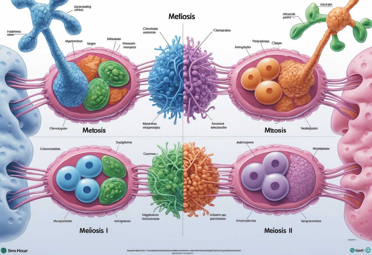 Ilustracija prikazuje faze mitoza i mejoze s prikazom kromosoma i podjele stanica.