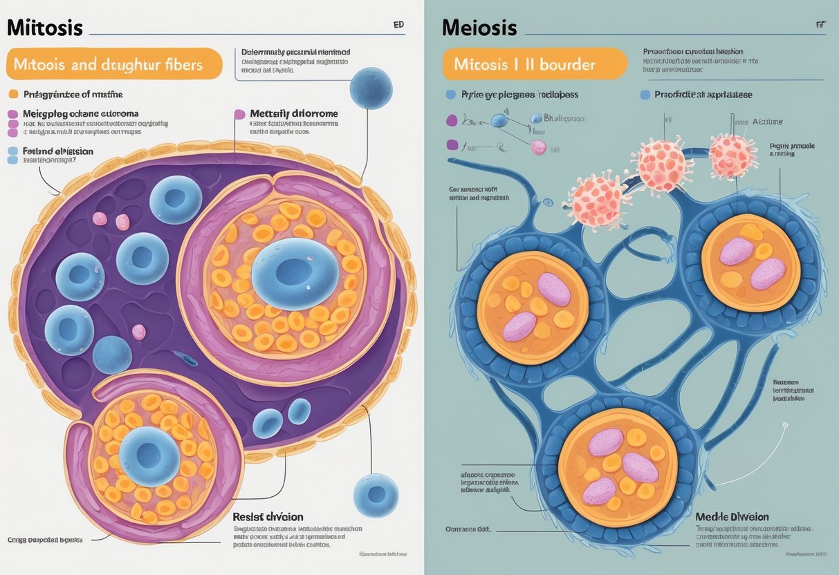 Ilustracija koja prikazuje rezultate i značaj podjela mitoza i mejoza s prikazom stanica u različitim fazama podjele i nastankom novih stanica.
