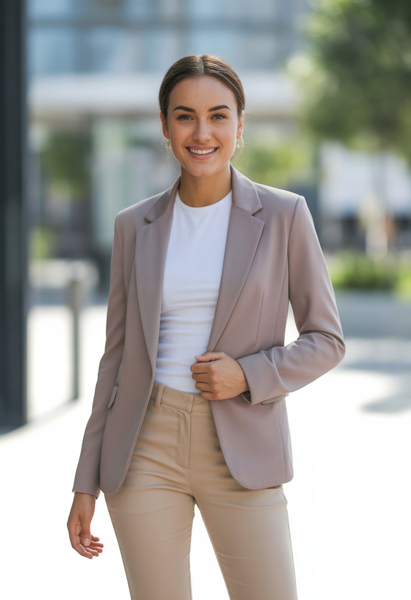 A young woman standing outdoors wearing a tailored blazer and chino pants.