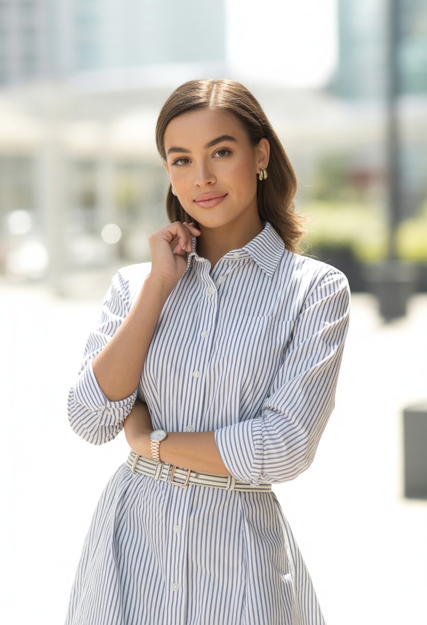 A young woman stands outdoors wearing a striped button-down dress, smiling softly with a blurred urban background.