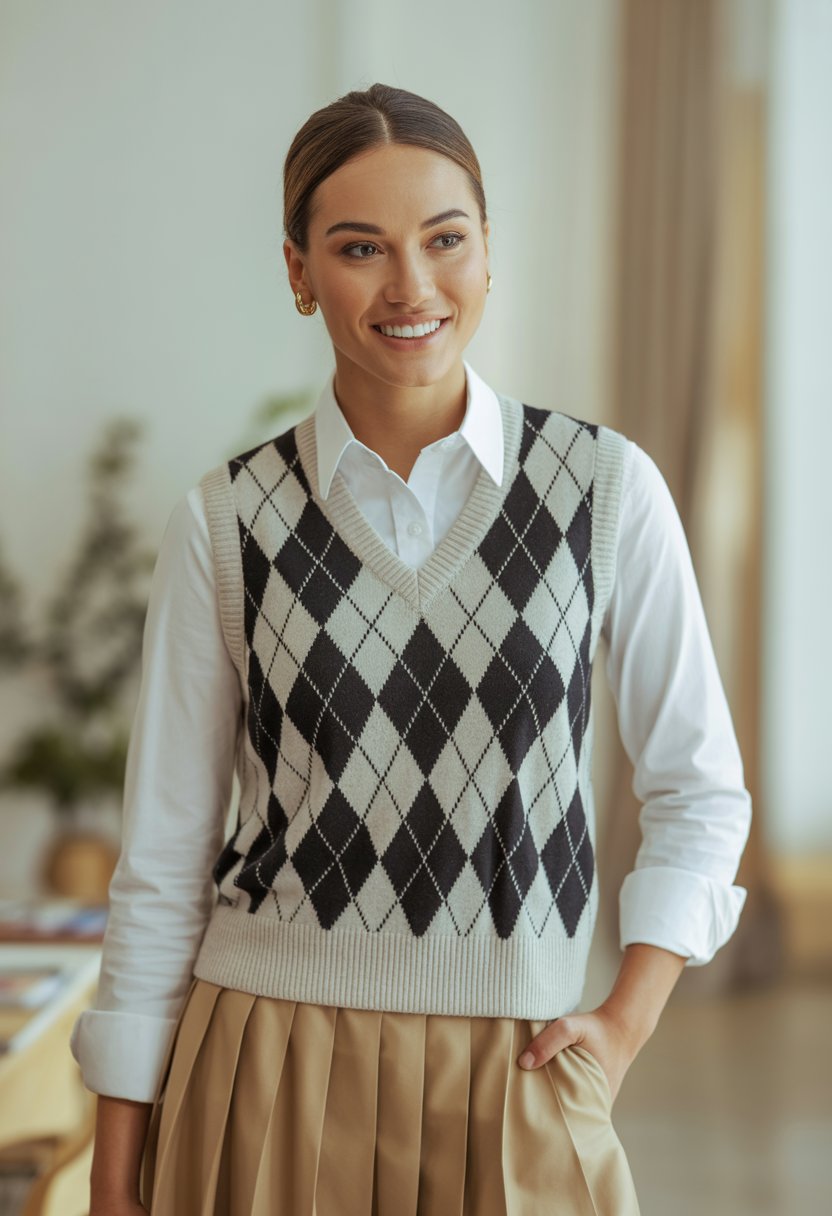 A young woman wearing an argyle sweater vest over a white shirt, standing indoors with a smile.
