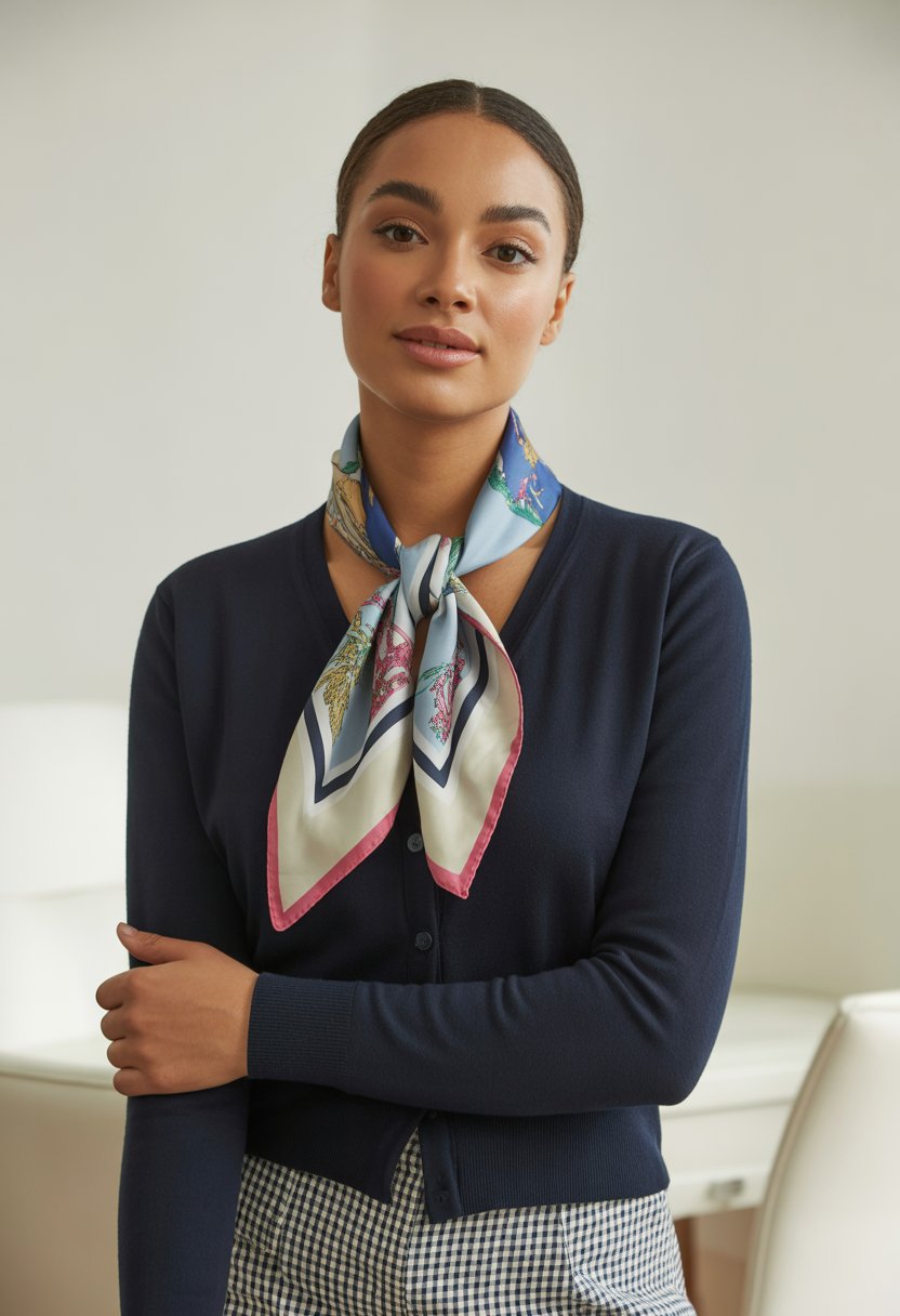 A young woman wearing a navy cardigan and a printed silk scarf stands against a neutral background, looking confident and approachable.
