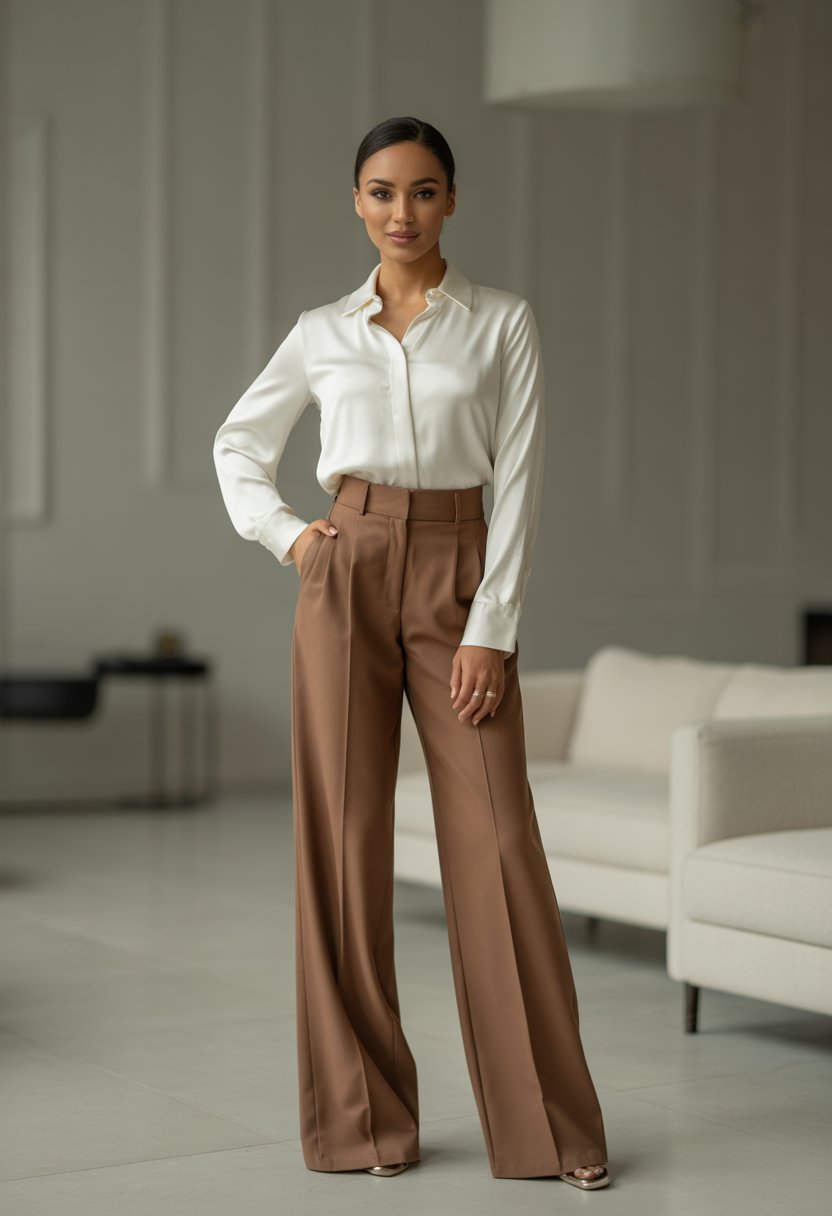 A woman standing indoors wearing coffee brown high-waisted trousers and a white silk blouse.