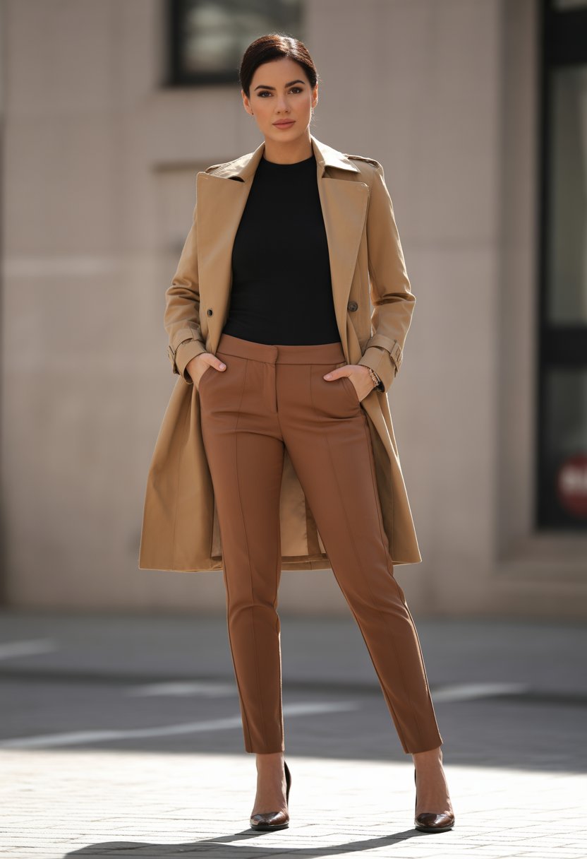 A woman stands outdoors wearing slim-fit brown pants and a camel trench coat.