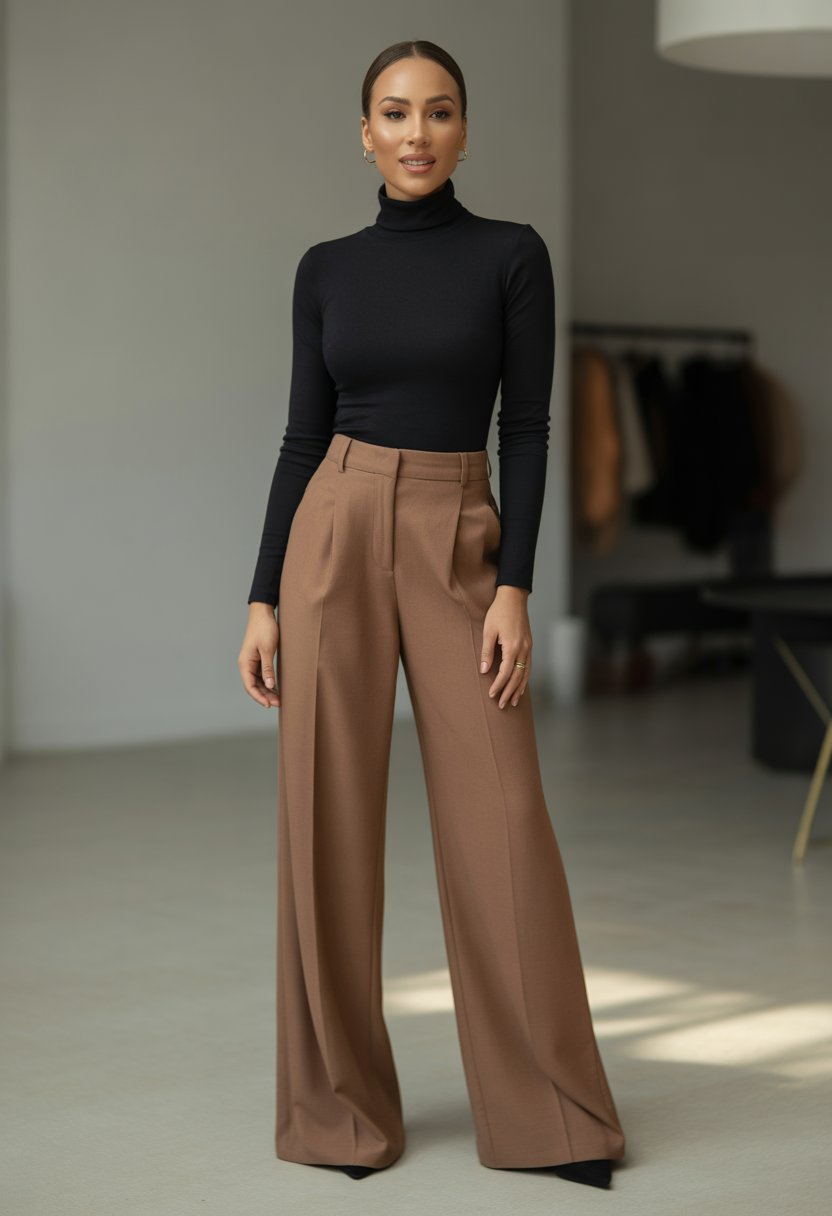 A woman standing indoors wearing wide-leg brown pants and a black turtleneck sweater.