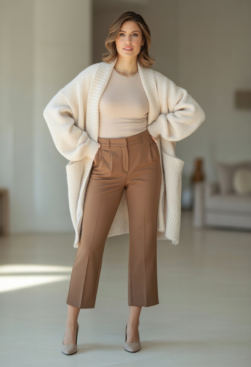 A woman standing indoors wearing brown cropped pants and a cream oversized cardigan.