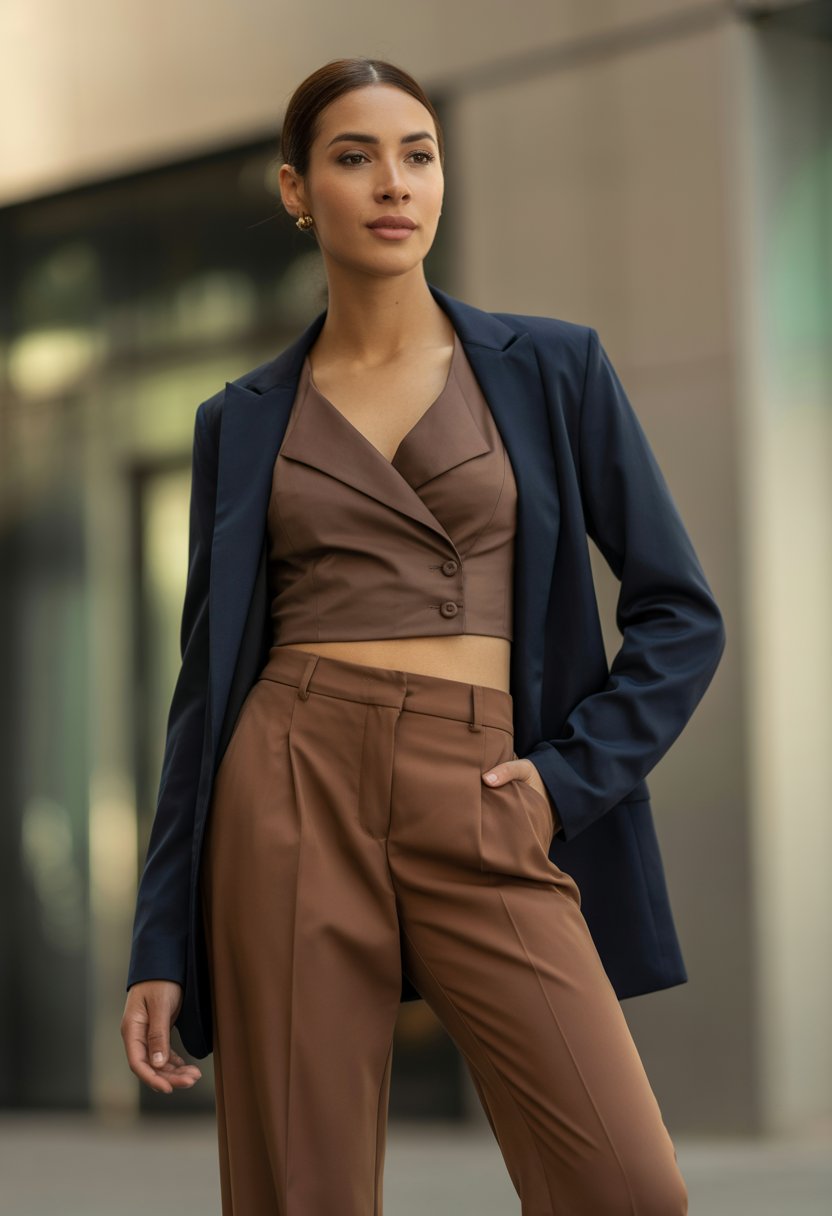 A woman standing outdoors wearing coffee brown pants and a navy blazer.