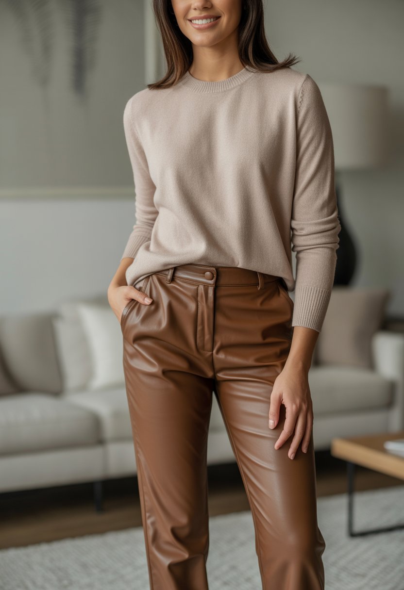 A woman wearing coffee brown leather pants and a beige sweater standing indoors against a neutral background.