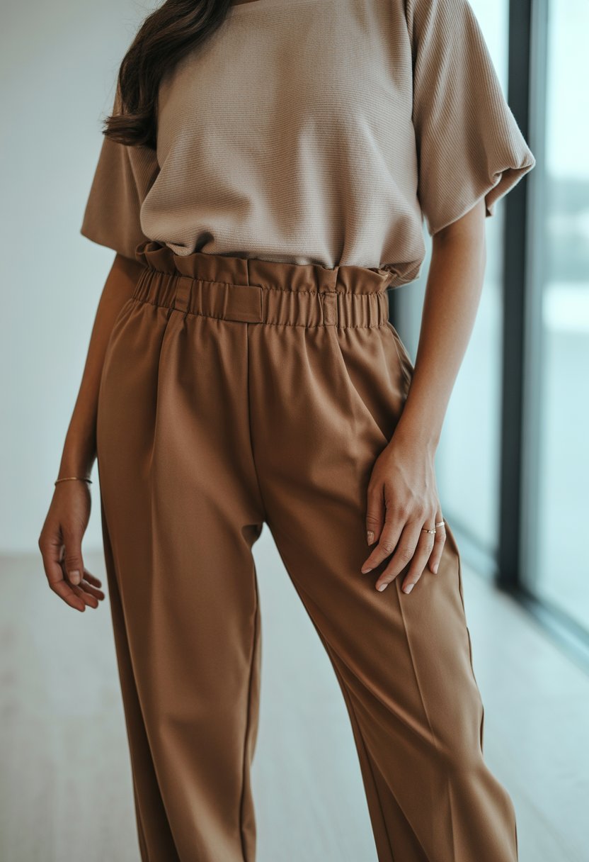 A woman standing indoors wearing brown paperbag waist pants and a neutral knit top.