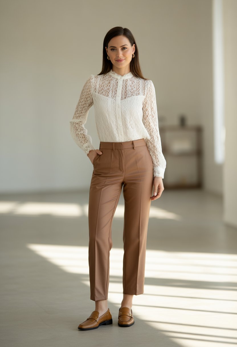 A woman standing wearing coffee brown pants, a white lace blouse, and tan loafers against a simple background.
