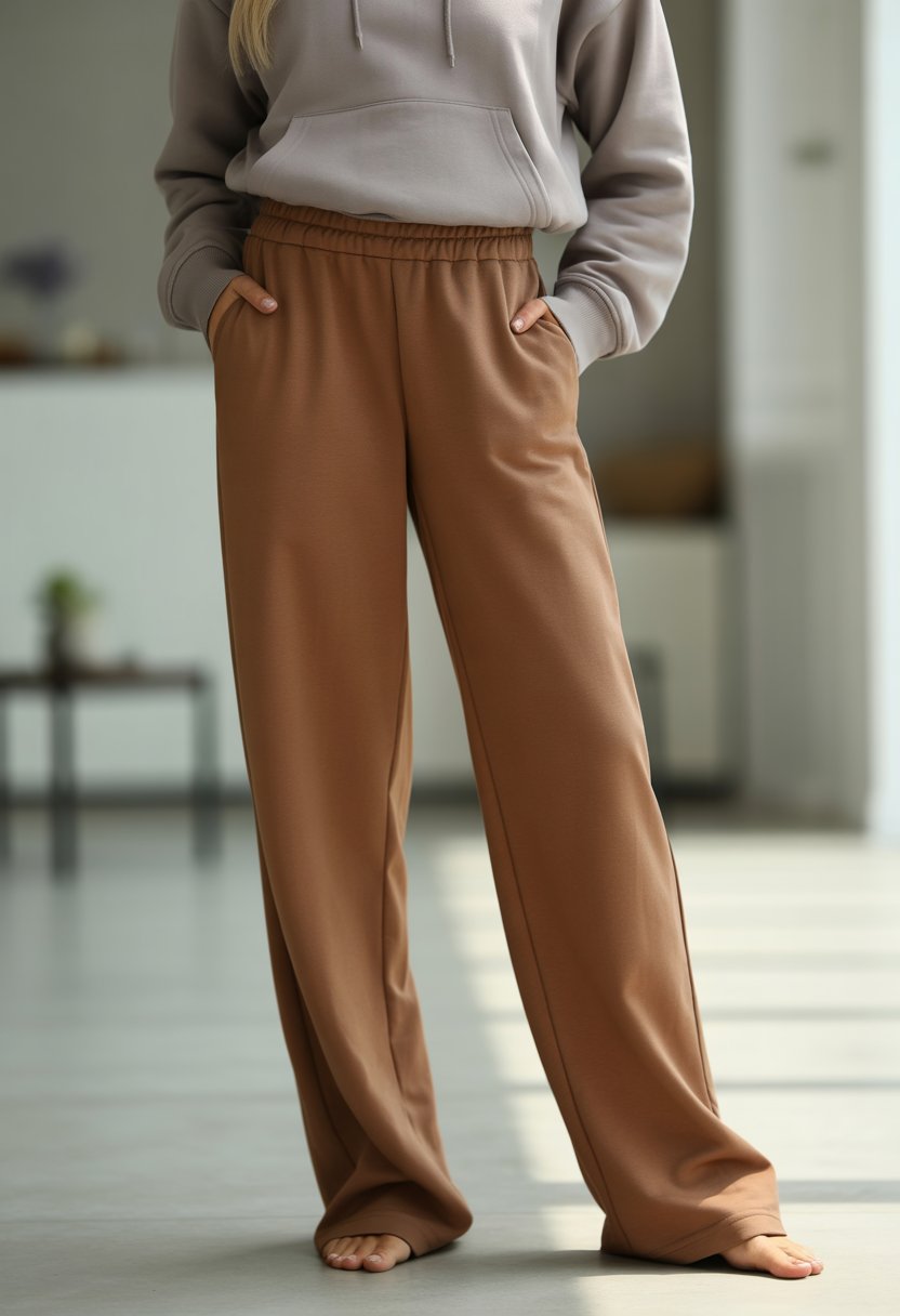A woman standing indoors wearing coffee brown pants and a grey hoodie.