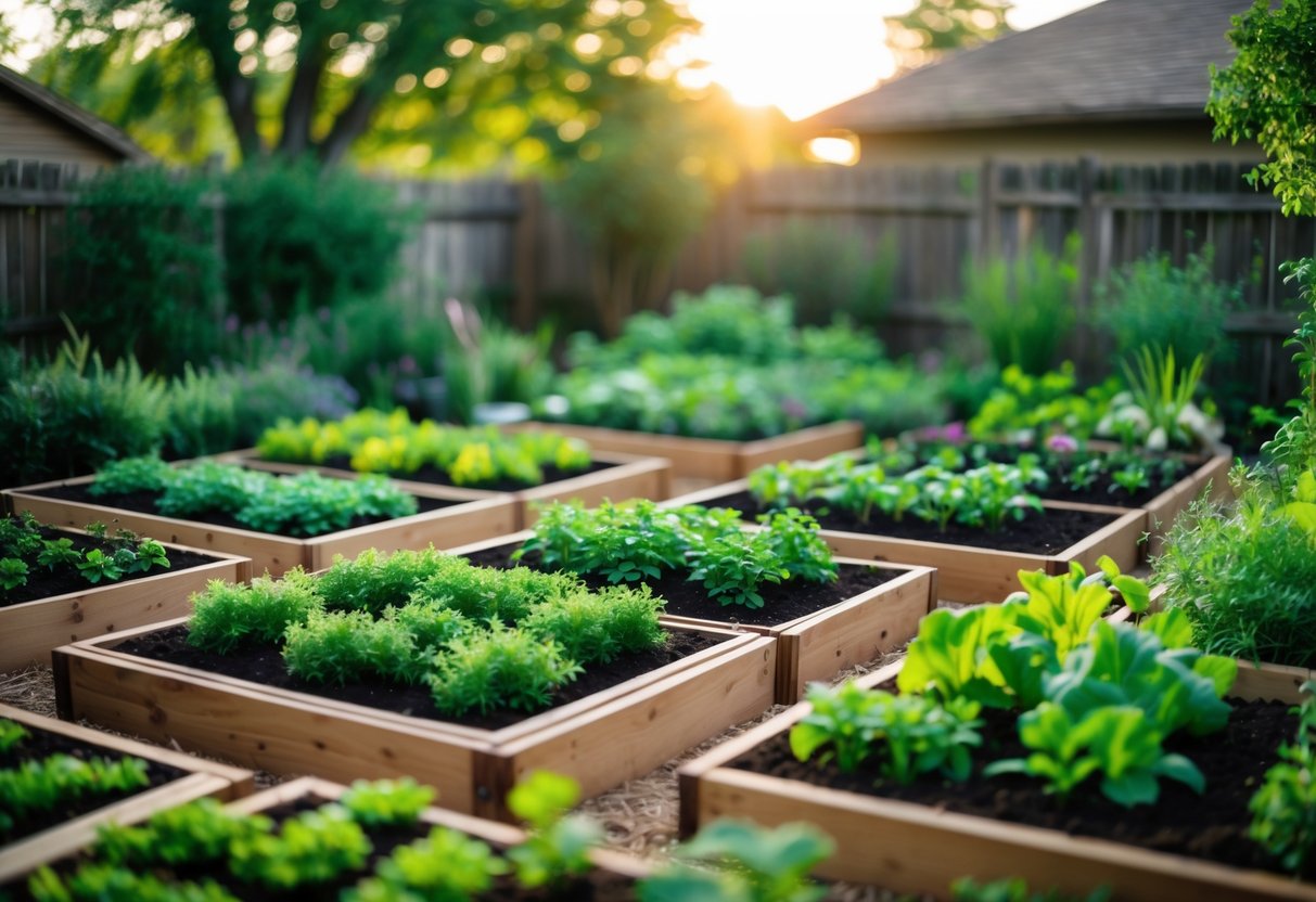 A backyard with twelve raised garden beds arranged in a square foot grid layout, filled with various plants and surrounded by natural soil and greenery.