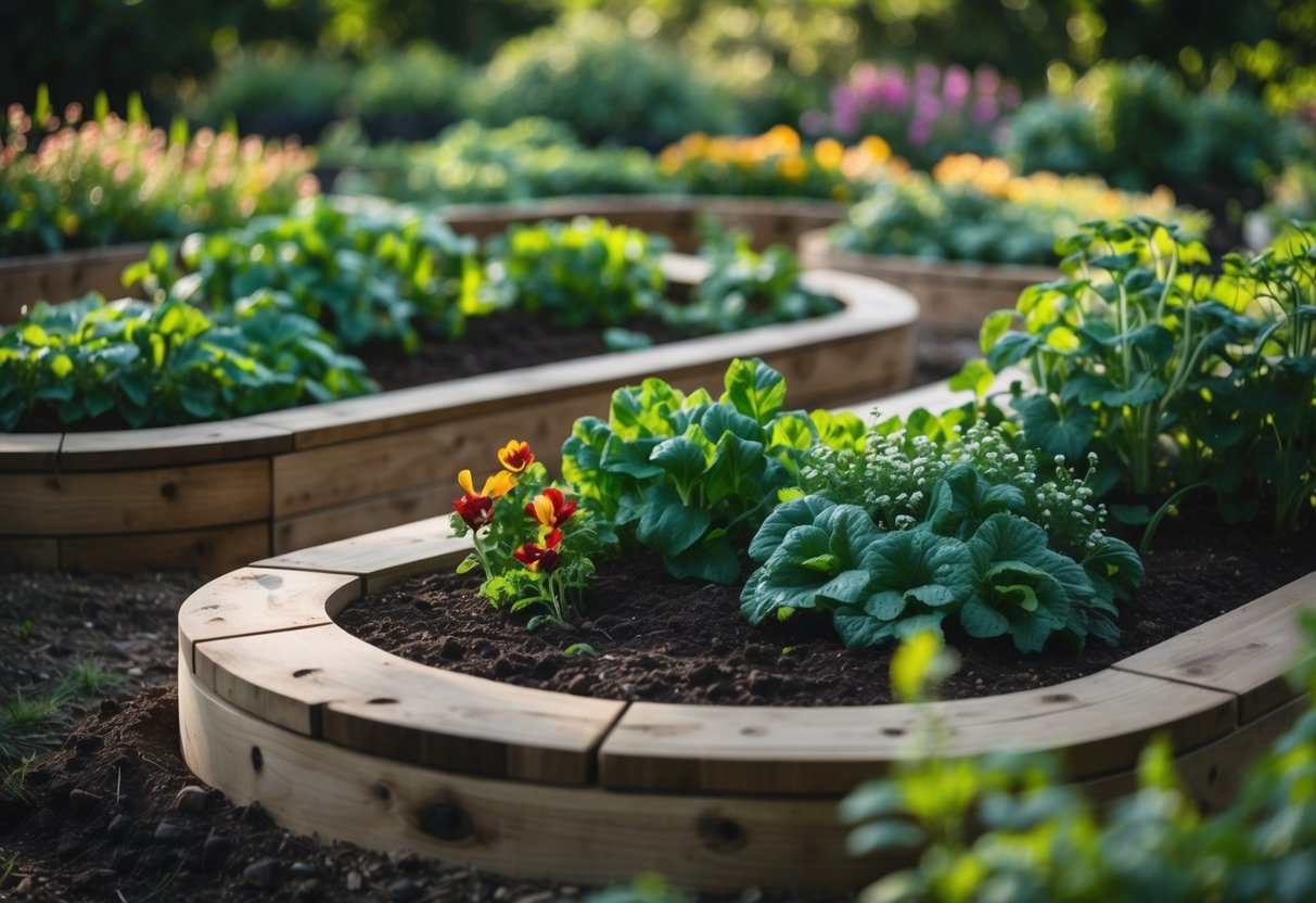 U-shaped raised garden beds filled with vegetables and flowers in an outdoor garden setting.