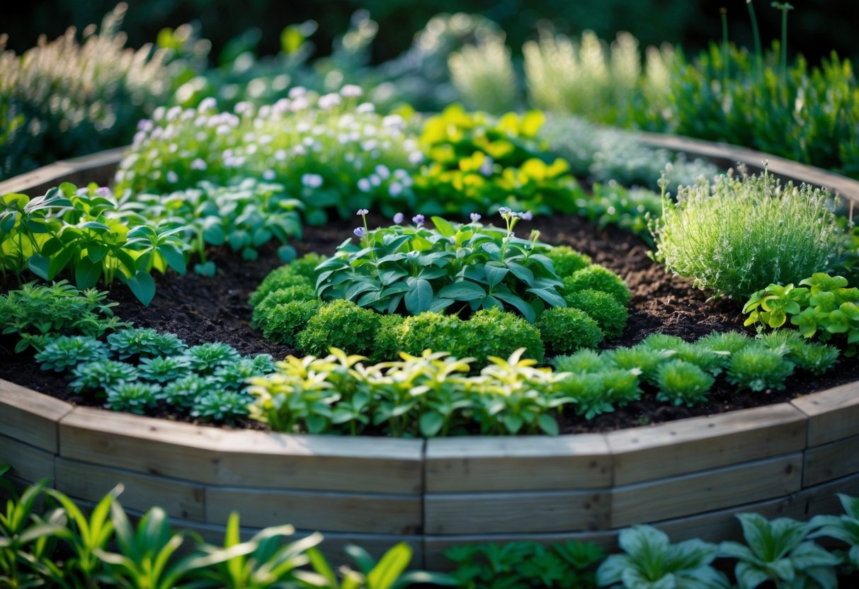 A circular raised garden bed filled with various healthy plants and flowers arranged in a neat layout outdoors.