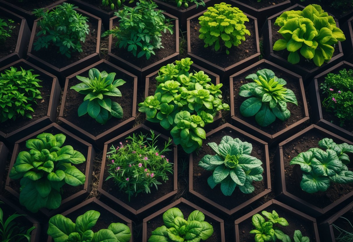 A top-down view of twelve raised garden beds arranged in a geometric hexagon pattern, filled with various green plants and flowers.