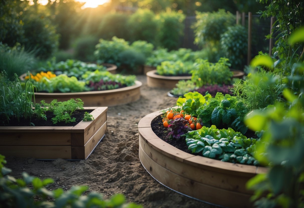 A circular raised bed garden with a keyhole layout filled with green plants and vegetables, surrounded by natural soil and wooden borders.