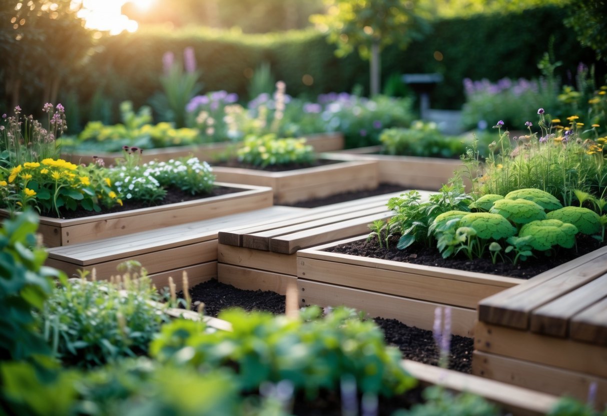 An outdoor garden with multiple raised beds filled with plants and integrated wooden seating around them.