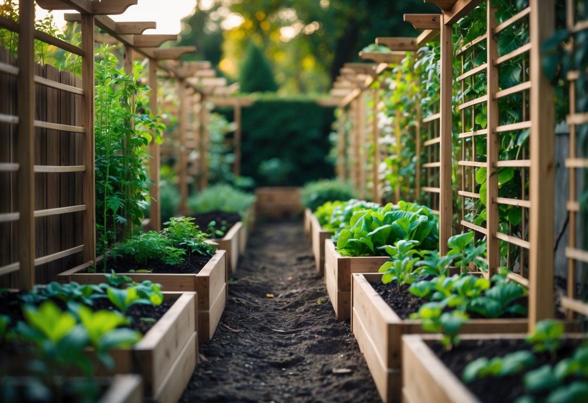 A backyard garden with multiple vertical raised beds supported by wooden trellises, filled with healthy green plants and flowers.