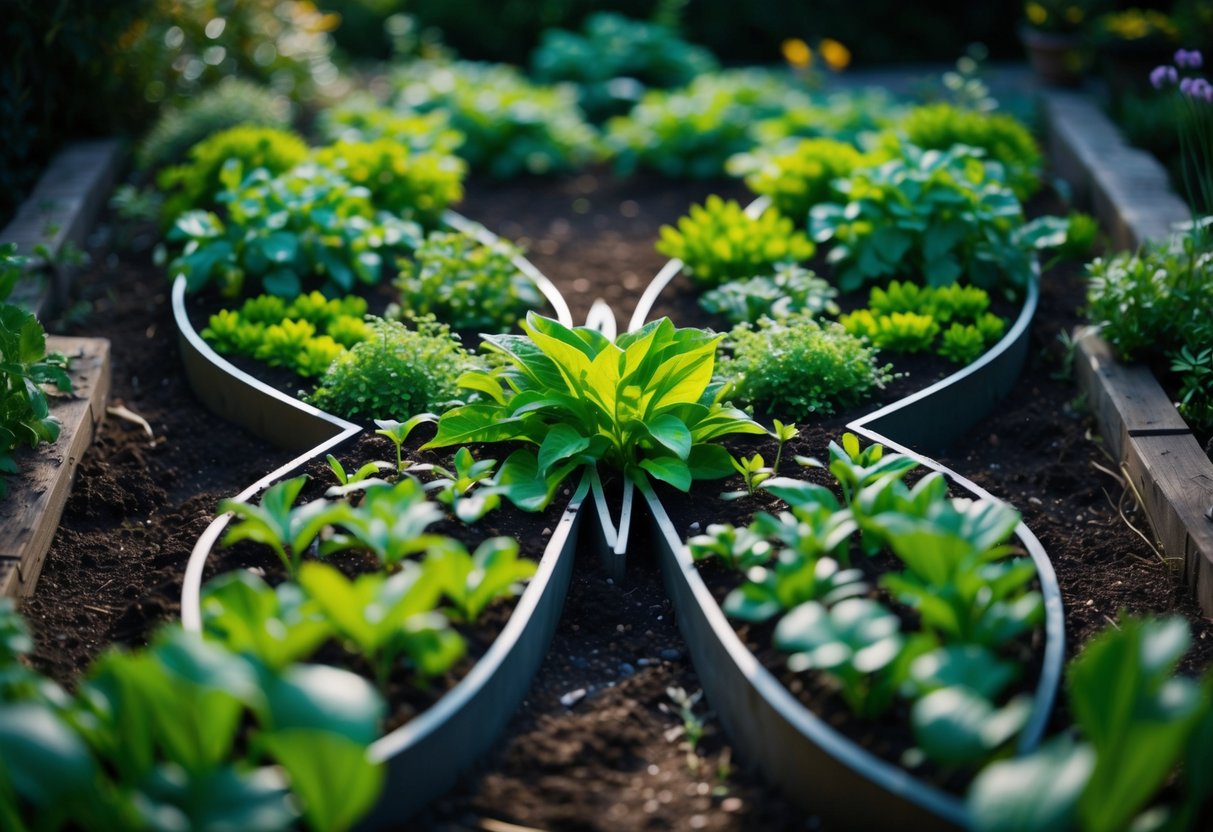 A butterfly-shaped raised garden bed filled with various plants and flowers in a backyard garden.